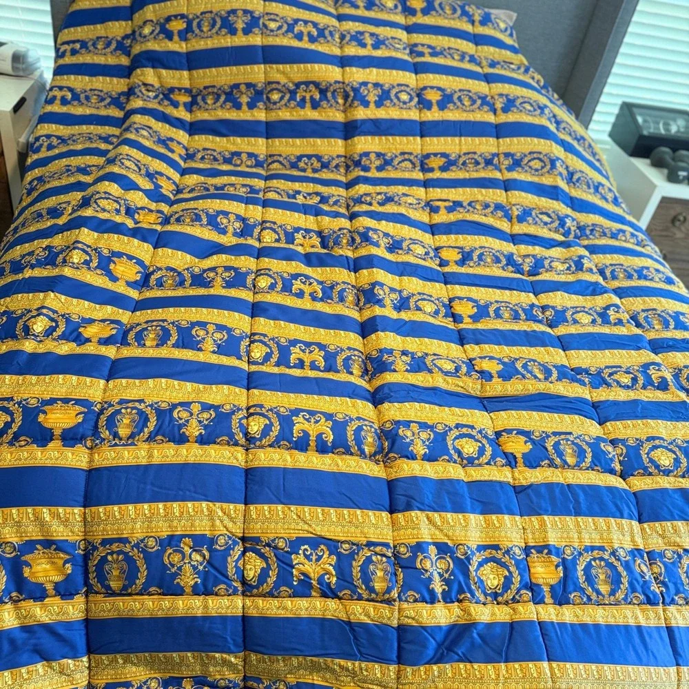 Versace Barocco Reversible Comforter Blue Black Gold Medusa Made in Italy NEW